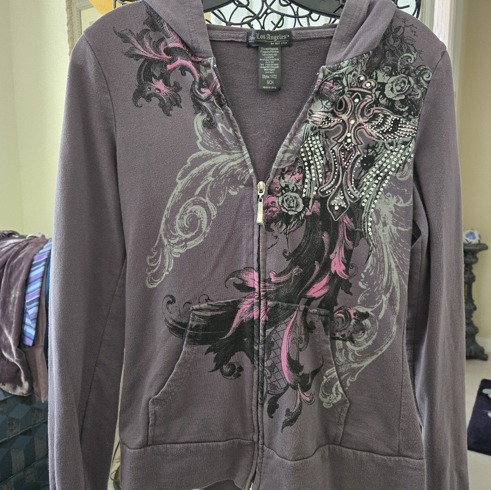 Los Angeles By Bus Stop Mocha Colored Graphic Zip-Up Hoodie Sz Sm